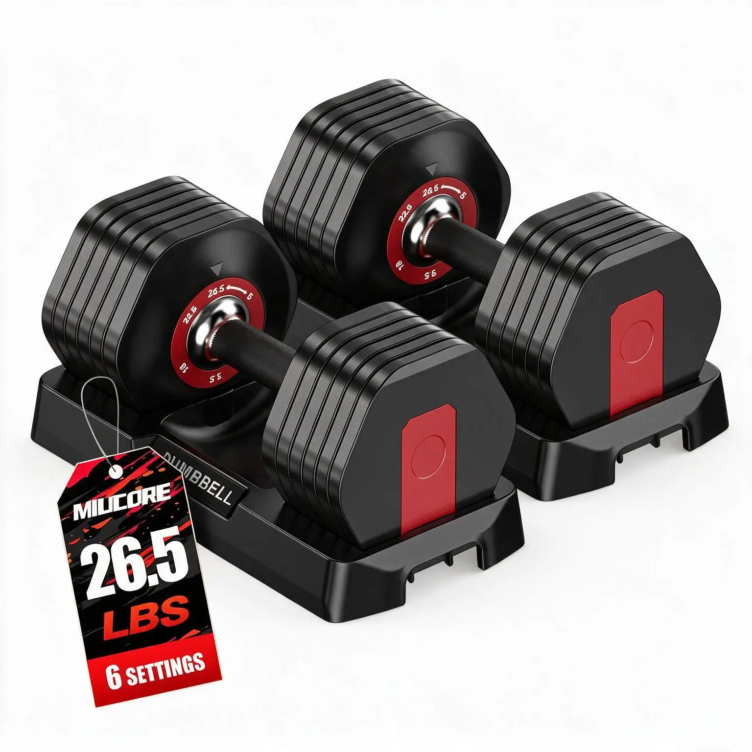 Adjustable Dumbbell Set 26.5LBS 2 Pack -  6-in-1 Weight Options 1-SEC Quick Adjust Auto-Lock Dumbbells with Anti-Slip Grip, Steel Core Plates Space Saving Home Gym Fitness Equipment