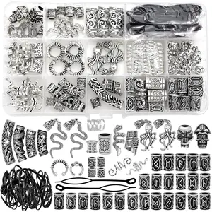 207 count  Hair  Nordic Runes Tube Beads,Accessories Kit for Braids Dreadlock Beard Locs,Metal Clips Cuff Rings,Braiding Beard Decoration Bracelets Pendant Necklace DIY