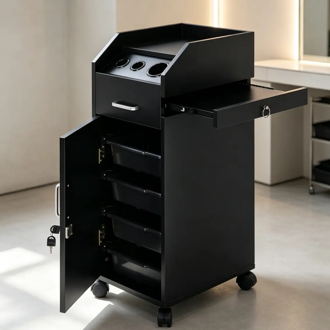 Hair Salon Storage Cart with Wheels & 3 Hair Dryer Holders & 4 Drawers & Lock & 2 Keys, Hairdressing Tools Station Mobile Makeup Case