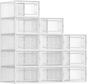 Shoe Boxes, Pack of 12 Shoe Storage Organizers, Stackable Clear Plastic Boxes for Closet, Sneakers, 9.1 x 13.1 x 5.6 Inches, Fit up to  Size 11, Transparent and White ULSP12SWT