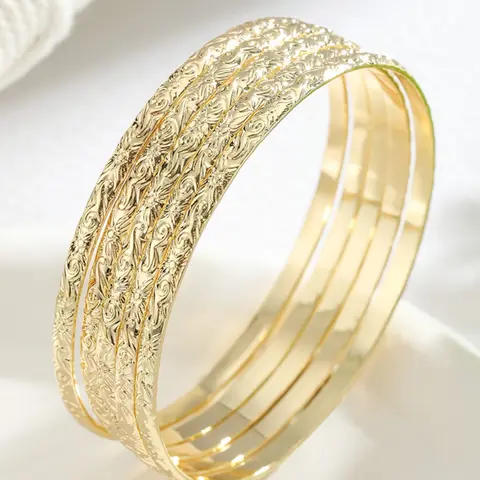 5pcs Hawaiian Vine Carved Copper Bangles, 14K Gold-Plated Floral Pattern Casual Style Exquisite Stackable Bracelets, Mom Bracelet, Perfect Mother's Day and Valentine's Gift