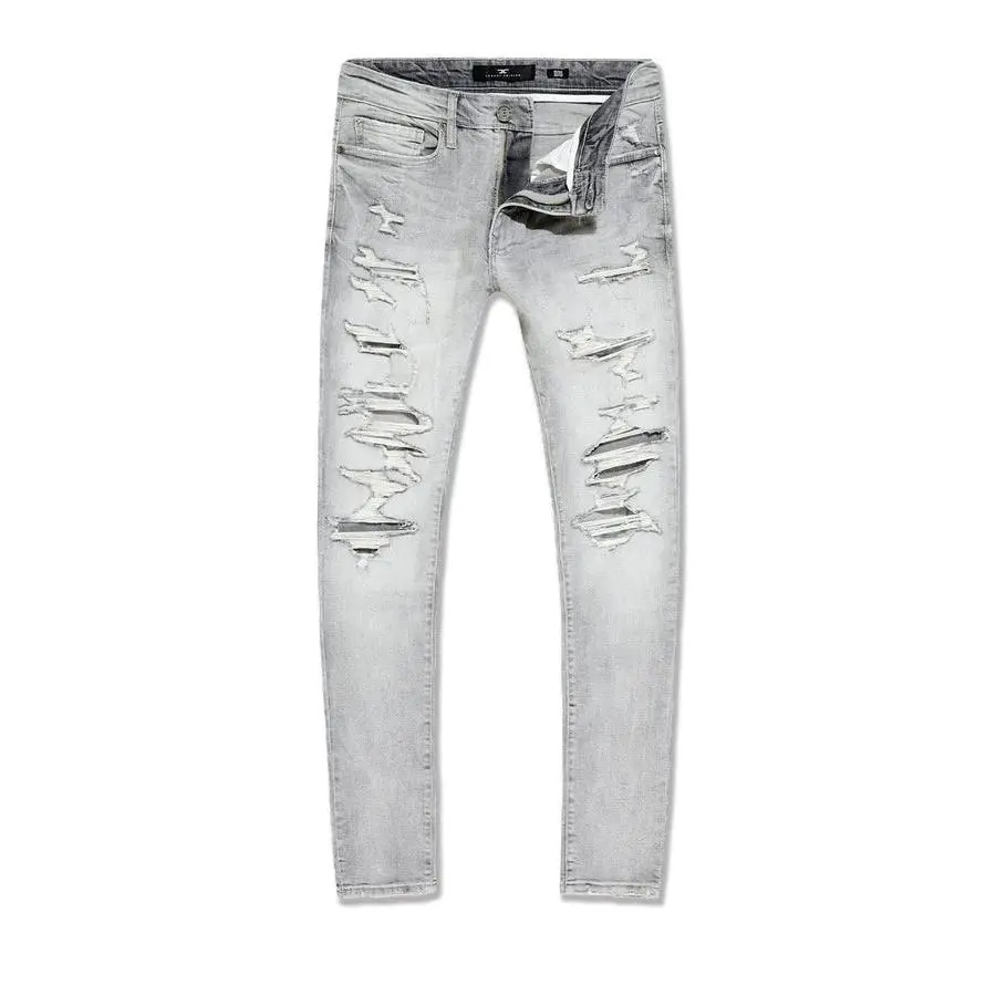 Men's Slim Taper Cement Wash Jeans - Ripped Repaired Stretch Cotton Denim, Vintage Streetwear Aesthetic Menswear Bottoms, Pants, Distress Shred, Engineered Cut, Fused Rip, Slim Taper Fit, Washed