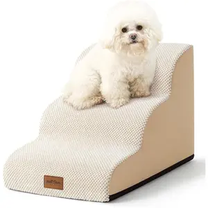 Dog Stairs for Small Dogs 15.7" H, Curved Dog Step for Puppy, Older Cat, Medium Dog, Pet Ramp for Sofa, Couch or Bed, Ladder with High Density Foam, 15.7x22.4x15.7 inch, 3 Step, Beige