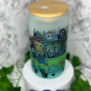 The StichGang Libby - 16oz Glass Frosted Cup with Bamboo Lid and Glass Straw