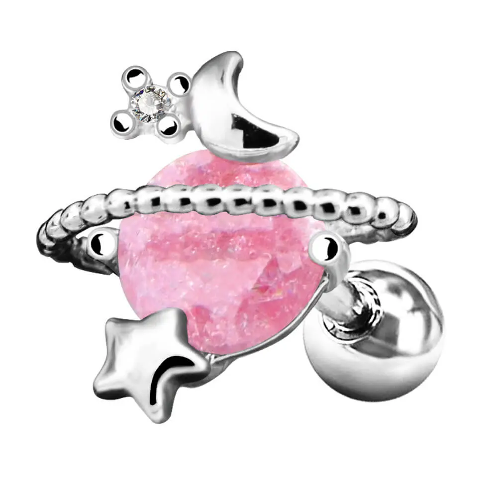 OUFER BODY JEWELRY 16G Planet-Shape Helix Stud Barbell - Pink Gemstone Star Elegant Girly Cute Body Jewelry, Silver-Rose Gold Fashion Accessory for Helix Piercings & Daily Wear, Elegant Jewelry