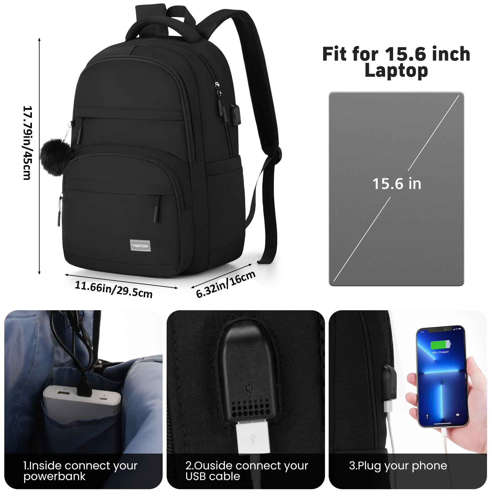YAMTION 15.6" Laptop Backpack Waterproof with USB Charging Port Anti-Theft Pocket Luggage Strap Cute Pom Pom Gift for School Travel