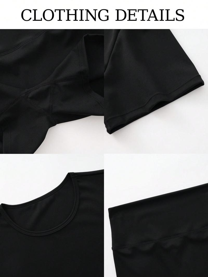 2 Piece Set Of Women's Solid Color Round Neck T-Shirt, High Waisted Cycling Shorts Sports Suit, Tight Short