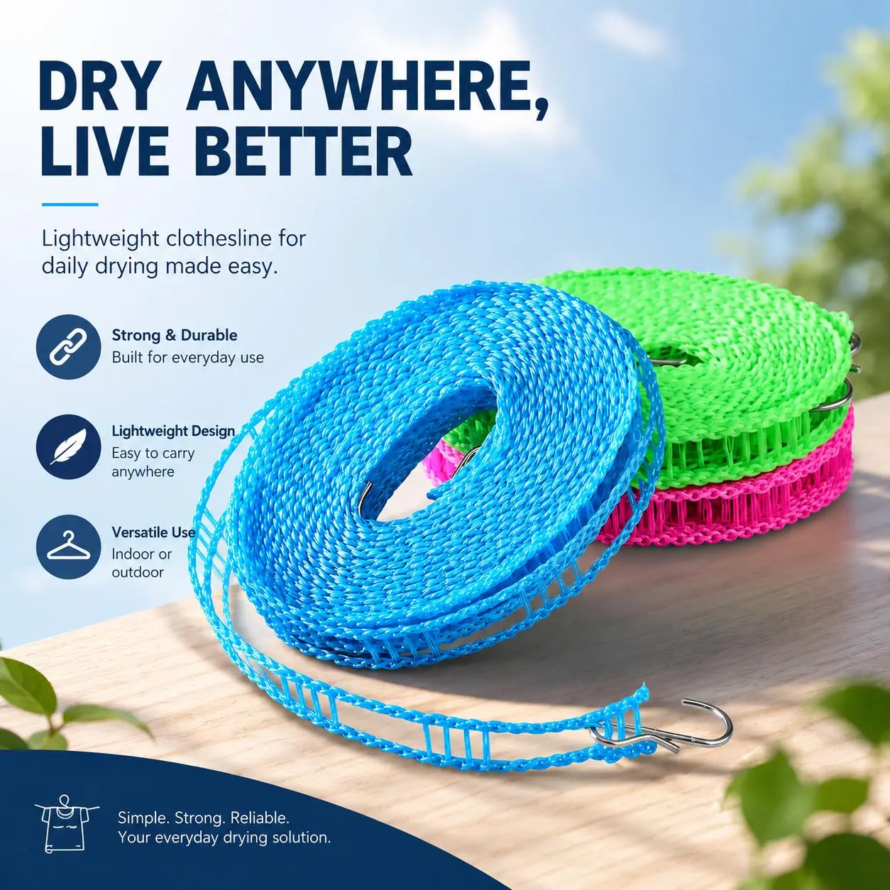 3-Pack Portable Windproof Clothesline, 16.4 FT Adjustable Laundry Drying Rope with Non-Slip Hanger Slots & Hooks for Travel, Camping, RV, Indoor & Outdoor Use