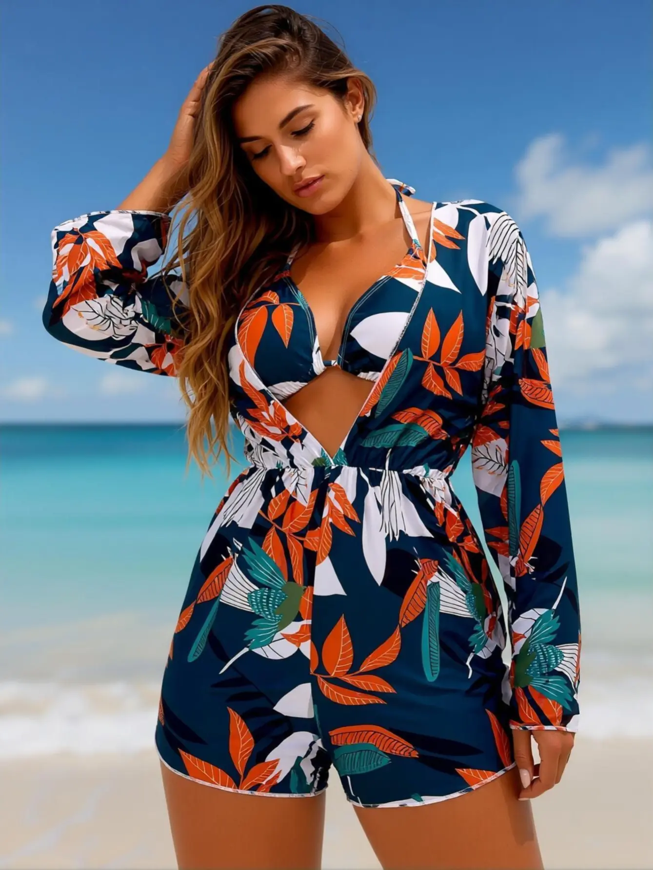 Women's Swimwear, Bohemian Leaf Print 2 Piece Sets with Spaghetti Straps and Matching Long Sleeve Top, Swimsuits 2026 Women with Extra Coverage, Hot-Selling Bohemian Style, Long Sleeves, Uv Protection