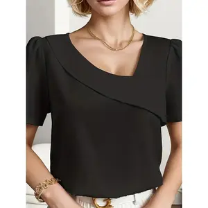 Plus SizeTemperament Blouse Casual Loose Woman Shirt Elegant Short Sleeve Blouse Weekday Dress Top Fit Clothes Black Fabric Clear Comfort Polyester