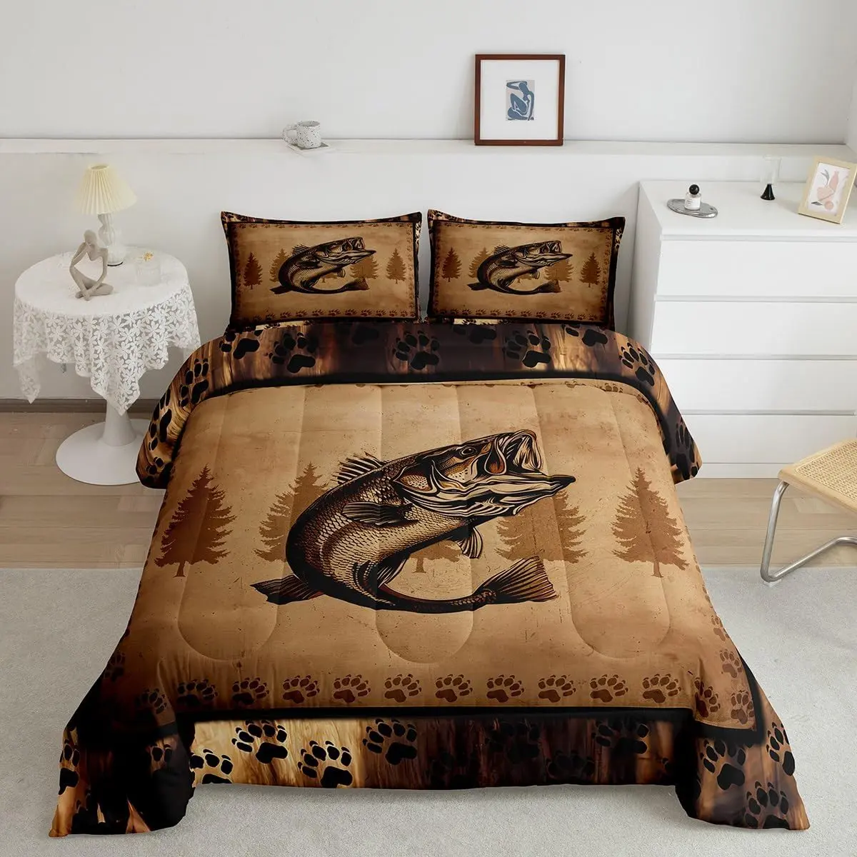 Feelyou Decorative Bedding Set - Rustic Duvet Cover Set with Big Bass Fish, Hunting Theme, Bear Footprints for Farmhouse Cabin Country Decor, Duvet Cover Sets
