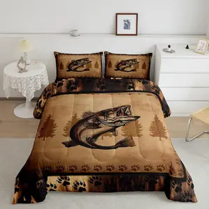 Feelyou Decorative Bedding Set - Rustic Duvet Cover Set with Big Bass Fish, Hunting Theme, Bear Footprints for Farmhouse Cabin Country Decor, Duvet Cover Sets