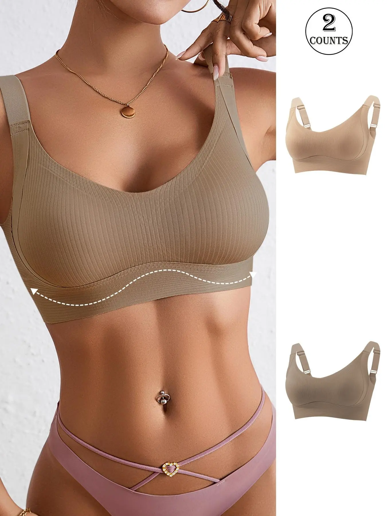 Women's Daily Seamless Bras Set, Matching Bra, Comfortable Skin-Friendly Design, Adjustable Straps Reduce Pressure, Medium Support Everyday Wear, Solid Ribbed Bra