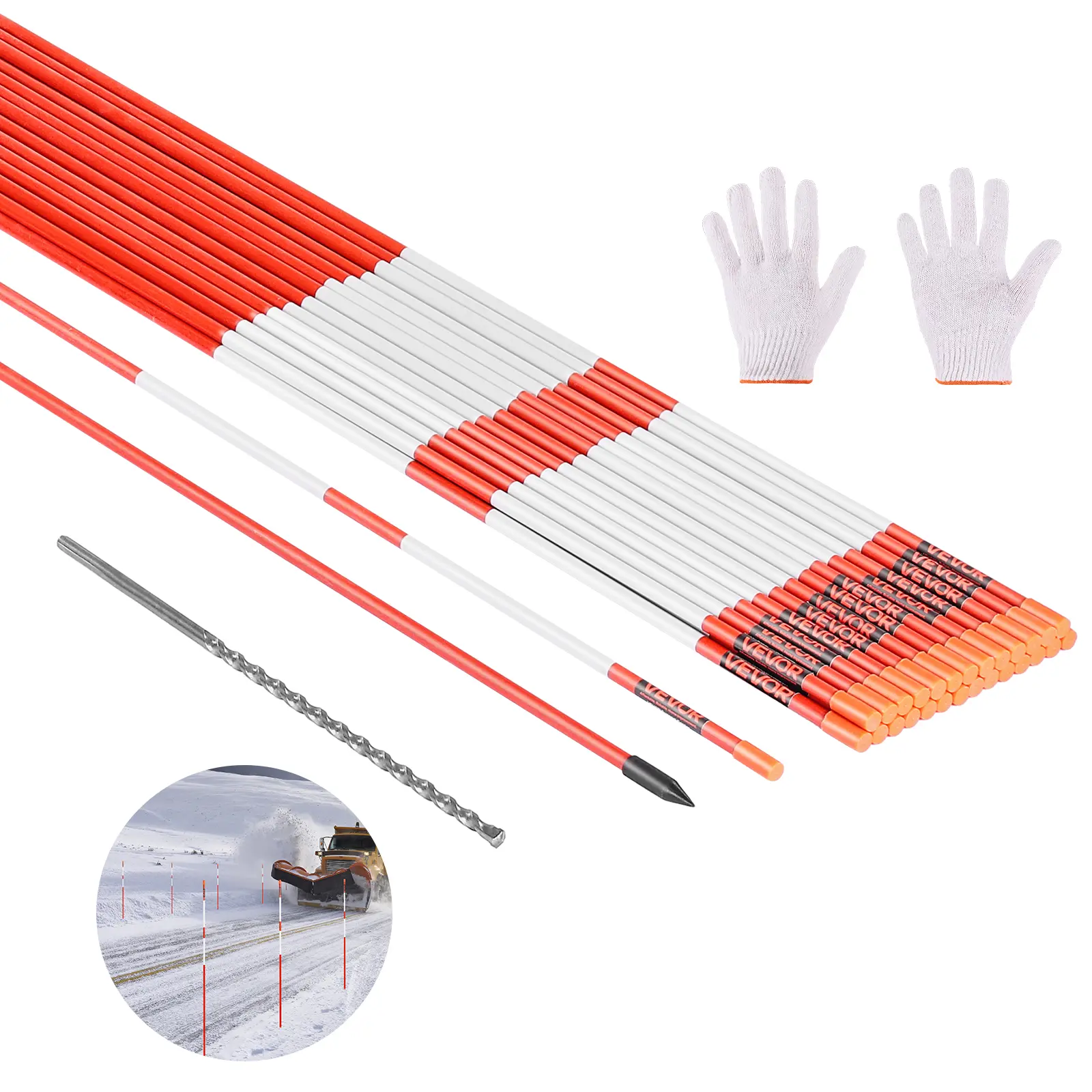 VEVOR Fiberglass Driveway Marker Stakes, 20Pcs 58in Long 5/16in High-Vis UV-Resist Lightweight Reflectors, 12in Steel Drill Bits, Easy-to-Store Sticks for Construction Sites, Crowd Control, Reflector, 58"X5/16"