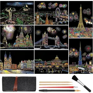 Scratch Art for Adults / Teens, Rainbow Painting Night View Scratchboard(A4), Crafts Set: 8 Sheets Scratch with 5 tools in Bag - Fireworks, Big Ben, Cristo Redentor, Ferris Wheel(Landmark Building)