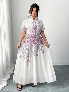 Women's Elegant Floral Long Dress, Loose-Fitting Vacation Style, Large Bow Tie Neck Design, Fashionable Casual & Formal Wear, Womenswear