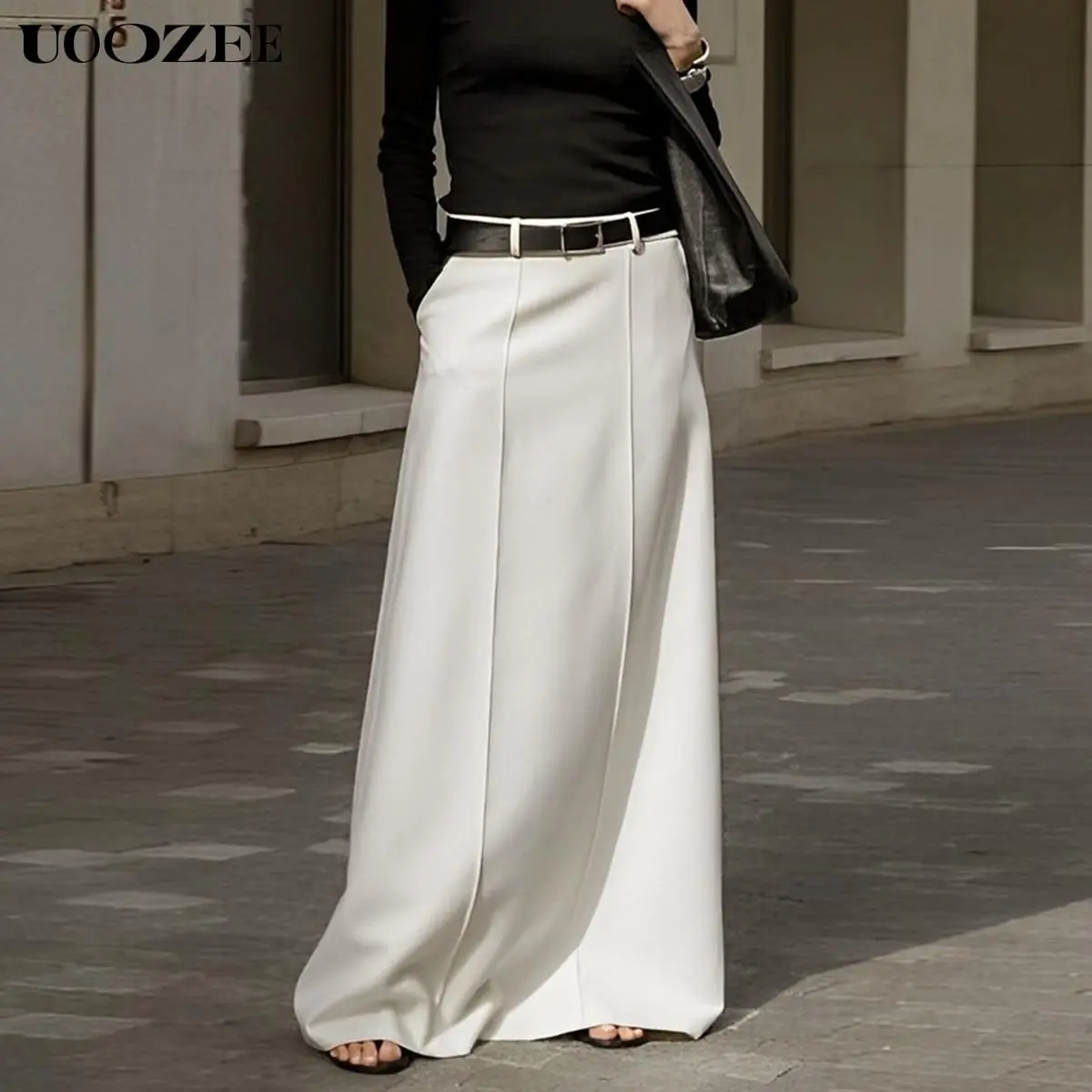 UOOZEE Women's 2026 Basic Minimalist Solid Color H-Shaped Maxi Skirt - Spring Thin Polyester Fabric, Elegant Loose Fit, Pockets, Zip Closure, Old Money Style, Seamless Leggings Compatible, for Day Outings, Commuting