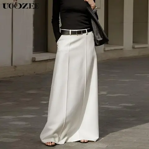 UOOZEE Women's 2026 Seamless Basic Minimalist Solid Color H-Shaped Long Flowy Floor-Length Mid-Waist Bottom Skirt - 100% Polyester Spring Thin Fabric, Elegant Loose Fit, Pockets, Zip Closure, Old Money Style, Leggings Compatible | for Dates, Day Outings