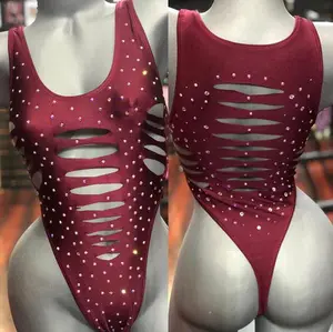 HOT BAE Burgundy Sliced High Cut Bodysuit with Crystals Y2K Style Medium Length Summer One Size Fits Most Sparkling Bodysuit