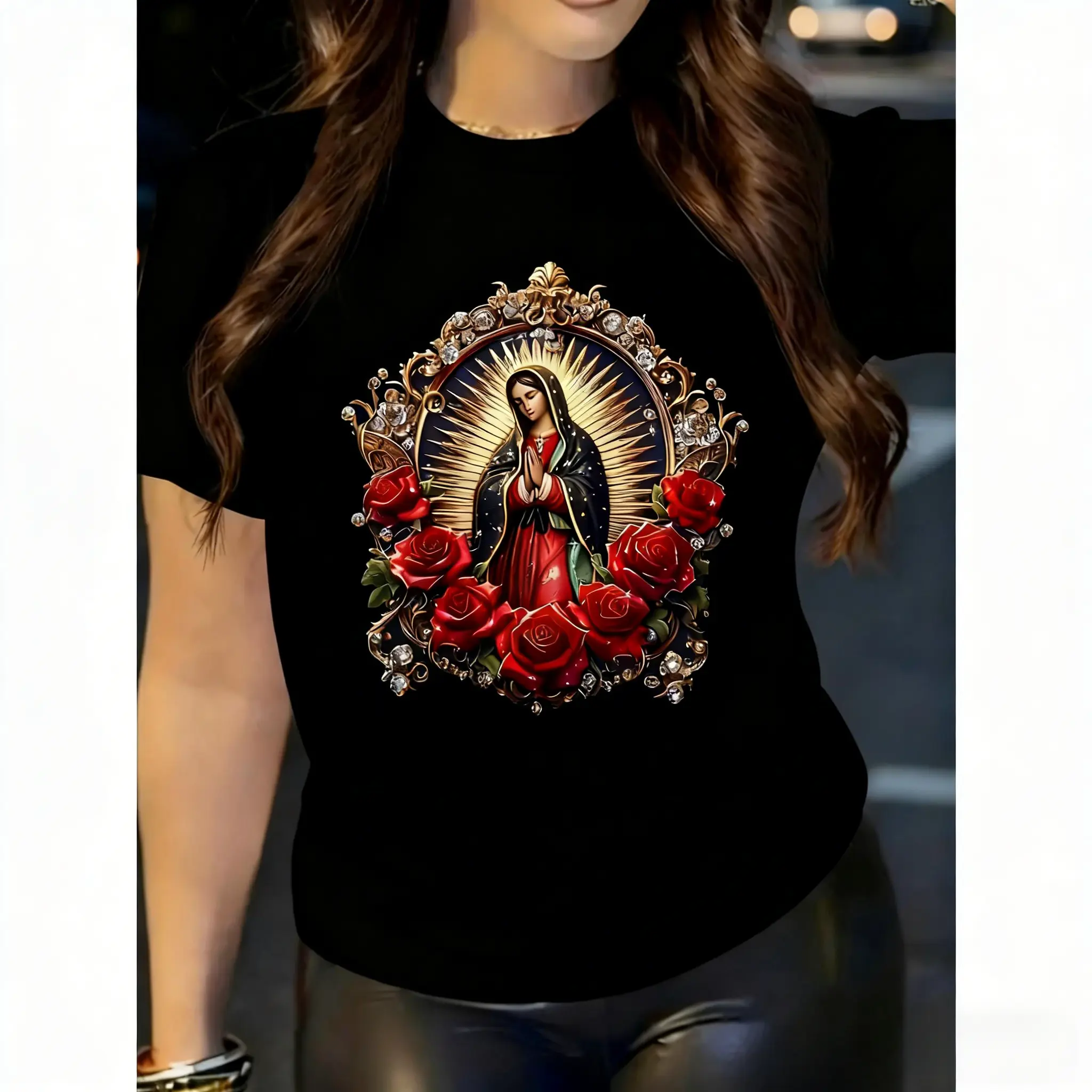 100% cotton material, available in a variety of colors, fashionable new design, rose pattern with the image of the Virgin Mary praying for me printed on it, new women's printed round-neck short-sleeve casual T-shirt