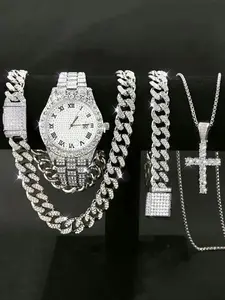 Men's Rhinestone Decorated Watch & Jewelry Set, Including Round Dial Analog Quartz Watch & Cuban Chain Necklace & Bracelet, Trendy All-match & Exquisite Watch Set for Gift