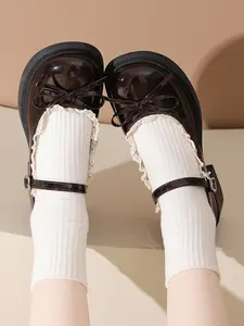 Women's Round Toe French Vintage Elegant High Heel Mary Jane Shoes, Spring Bow Lace-Up Design, PU Leather & Rubber Sole, All-Season Fashion
