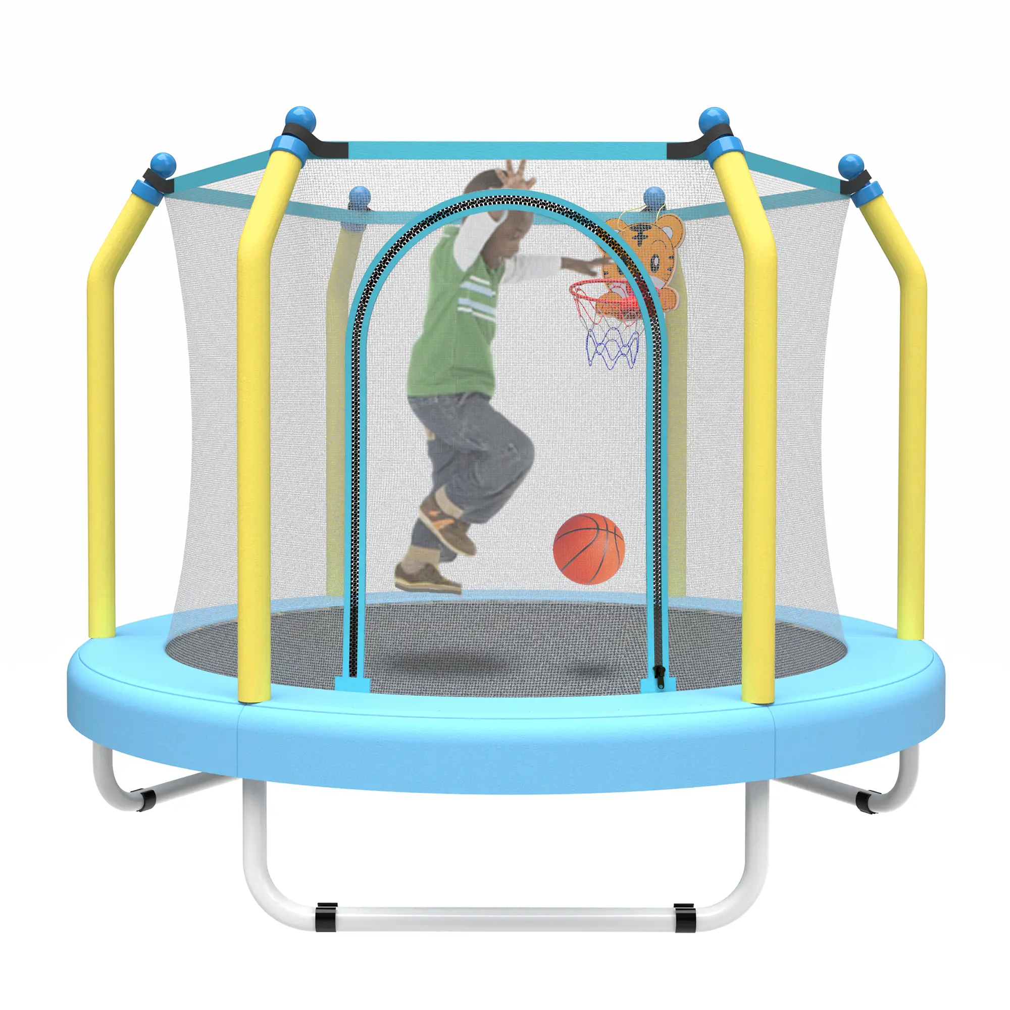 55-Inch Kids Trampoline with Safety Enclosure Net, Foam-Padded Frame, Basketball Hoop, ASTM Approved for Indoor-Outdoor Toddler Use