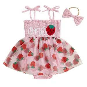 FOCUSNORM 1st Birthday Outfit Baby Girl Romper Dress Strawberry Embroidery Smocked Straps Bodysuit Tulle Lace Onesie One Year Old Clothes