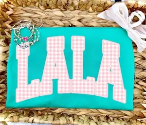 [Sale Up To 50%] Comfort Color Lala T-Shirt, Pink Gingham Lala Grandma Shirt Design, Coquette Varsity Lala Graphic, Lala Mothers Day Gift Sublimation, Gift For Mama