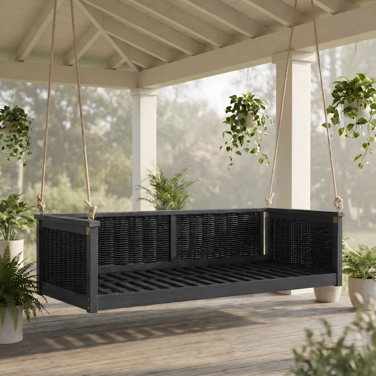 [Fahuac] Twin Size Porch Swing Bed - Acacia Wood & Rattan, 79.5x41.3x20.9in, 350LB Capacity, for Backyard Outdoor Furniture, Swing Porch Swings