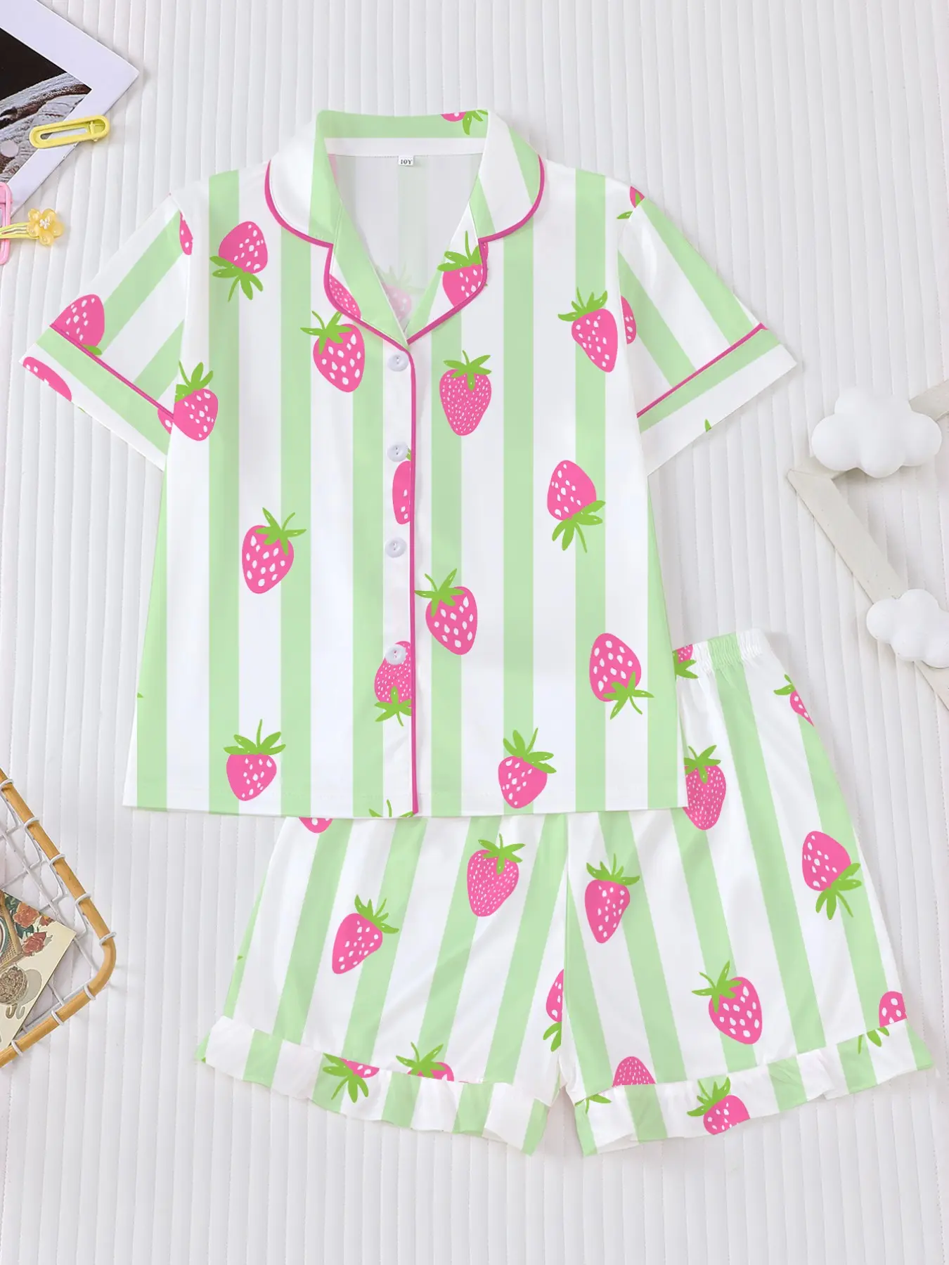 Summer 2-Piece Kids Pajama Set, Cute Striped Strawberry Print, Soft Breathable Fabric, Short Sleeve Shirt and Elastic Shorts, All Seasons, Summer Pjs