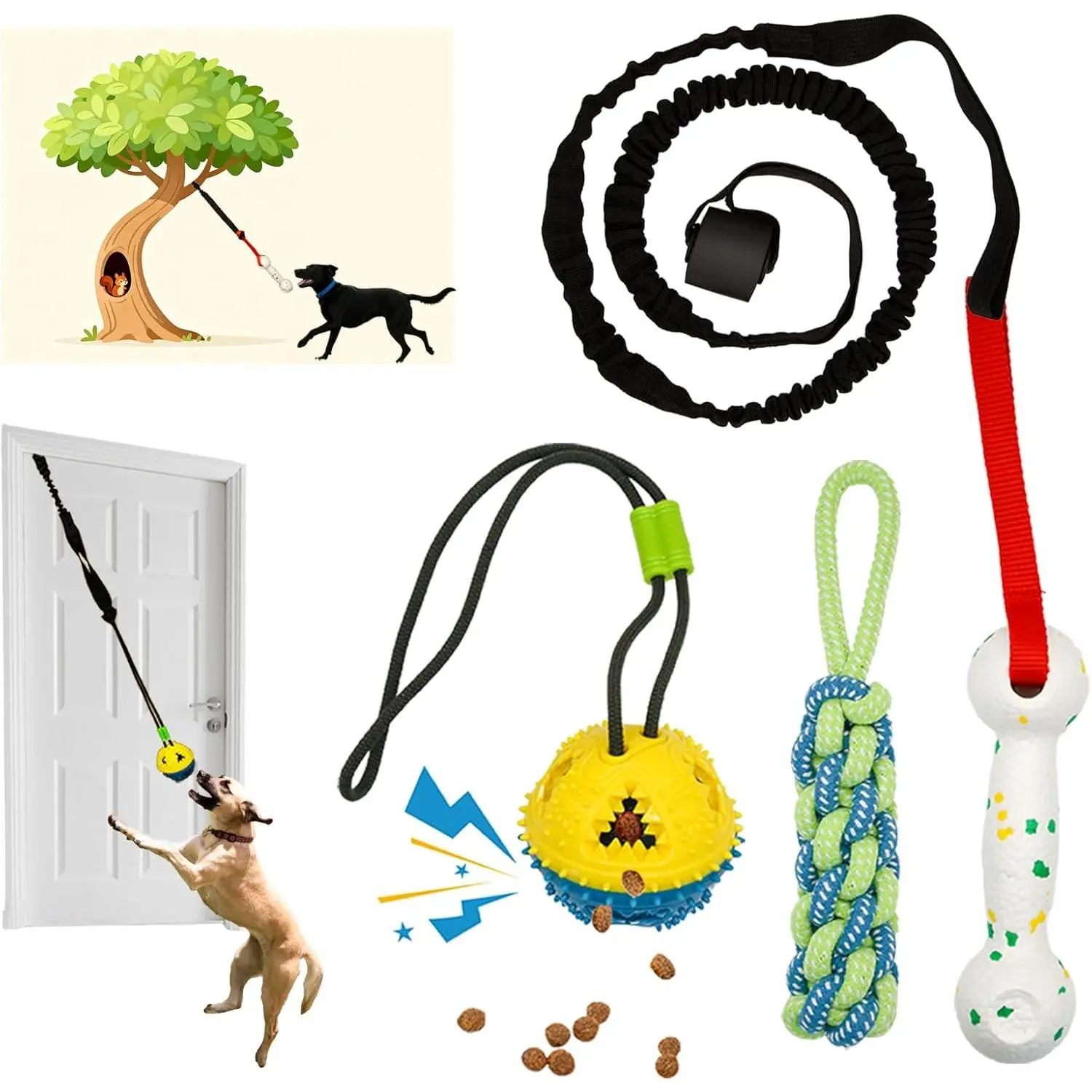 Interactive Dog Bungee Tug Toy with 3 Detachable Toy Heads - 4-Piece Hanging Spring Poles, 5 ft Bouncy Rope, Yard Use, Easy Install, Dental Health Support for Small/Medium Puppies, Tree Tether Self-Play Accessory