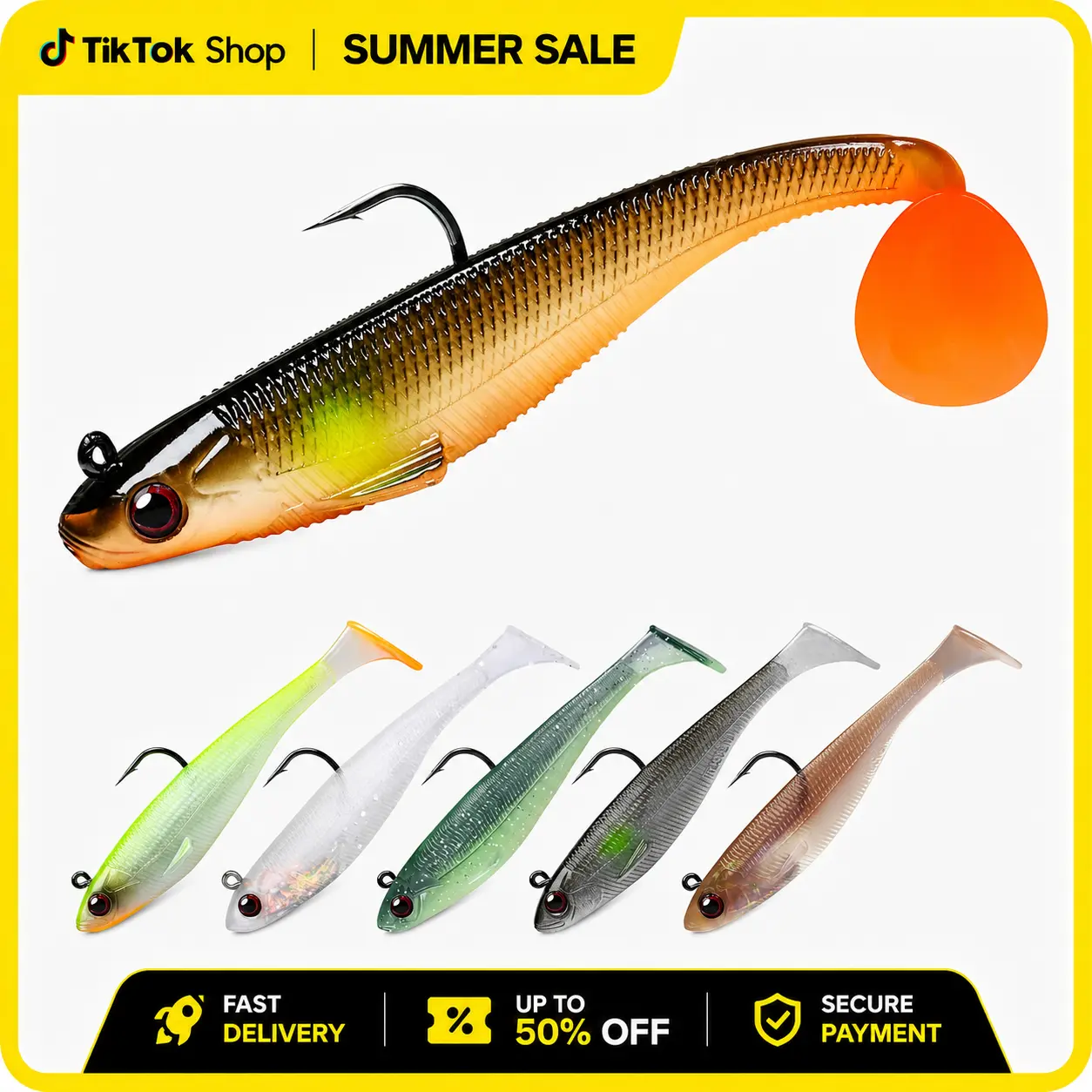 TRUSCEND Shad Shape Artificial Fishing Lures - Pre-Rigged Corrosion-Resistant BKK Hooks, 0.4oz 2.4in Soft Plastic, Trembling Sink, Vibrating Swim Action, Paddle Tail Kick for Bass, Camping Essentials (Freshwater & Saltwater)