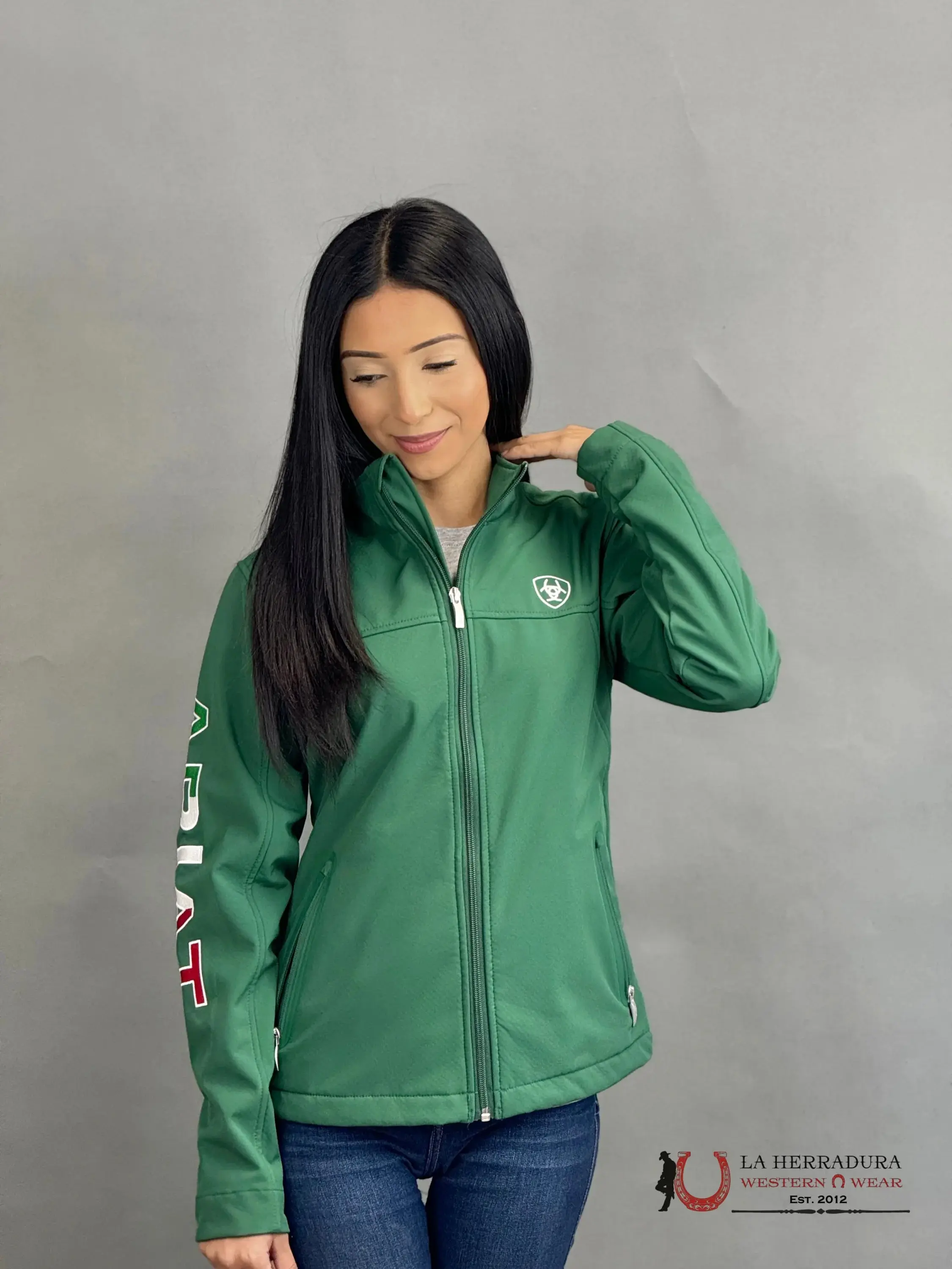 Ariat Women's Team Mexico Green Softshell Jacket, Wind and Water Resistant Outerwear with Comfortable Fit, Style 10039460, Tops