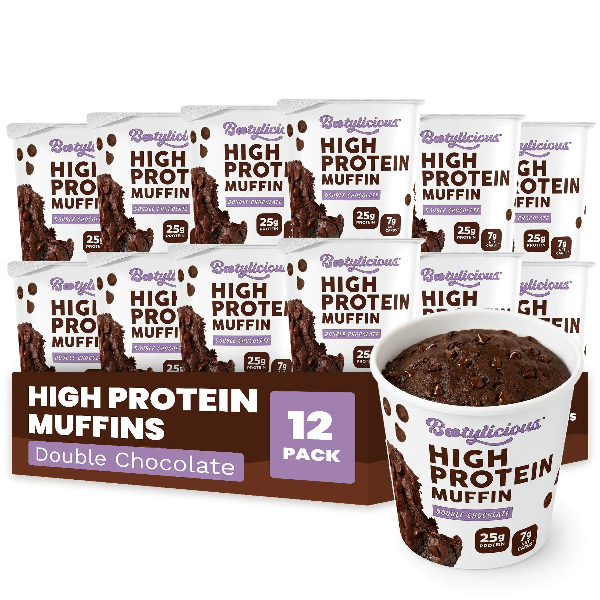 Bootylicious High Protein Muffins, Double Chocolate, 12 Pack, 25g Protein, 7g Net Carbs