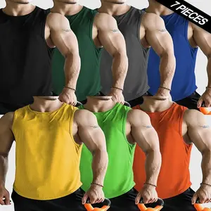 7-Pack Men'S Plus Size Muscle Sports Tank Tops, Quick Dry Running Fitness Vests, Crew Neck Polyester 100%, Regular Fit Knit Fabric, Solid Color, Slight Stretch, 150g/m² - Athletic Activewear