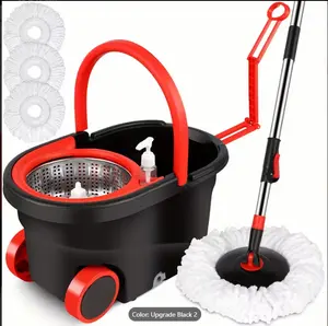 Set of Mop And Bucket, Including a Spin Mop And Wringer, Designed for Bathroom Use. This 360° Spin Mop Bucket System Comes with Three Microfiber Mop Heads And a 61-Inch Adjustable Stainless Steel Handle