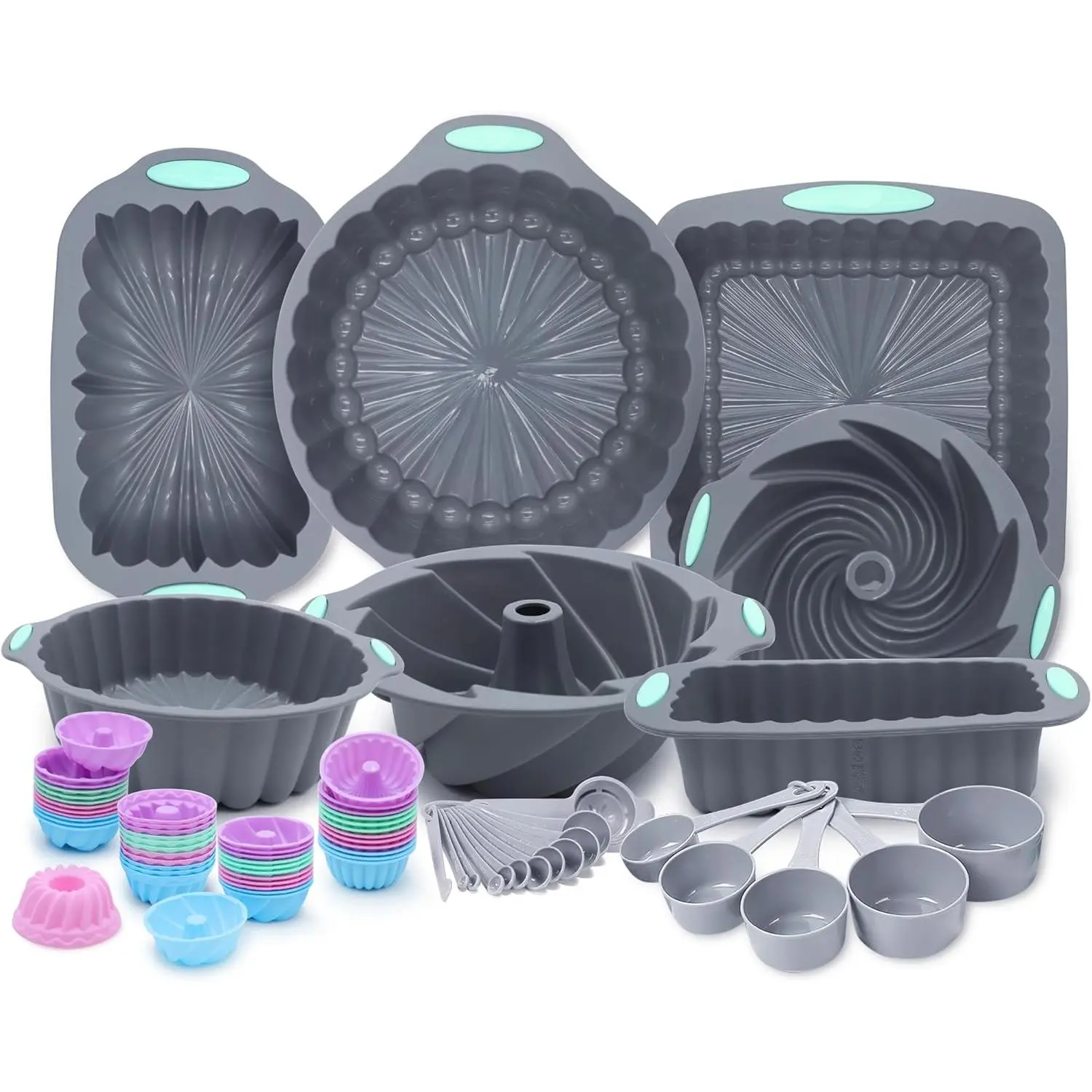 72 count  Bakeware Set, Nonstick Baking Pans Set, Easy Release Oven  Pan for Kitchen with Cake Pans, Loaf Pans, Baking Cups, Measuring Cups and Spoons Set, Grey