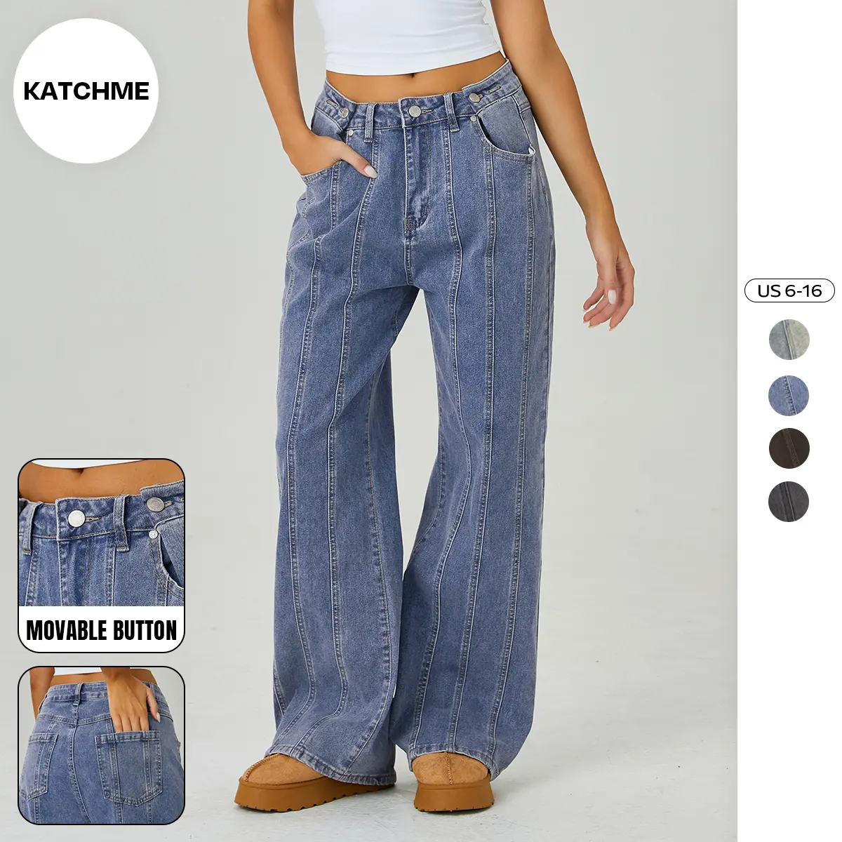 KatchMe Women's Street Mid-Rise Adjustable Button Lines Modify Wide Leg Jeans, Leisure Baggy Jeans Outfits, Versatile Women's Bottom,Classy Streetwear