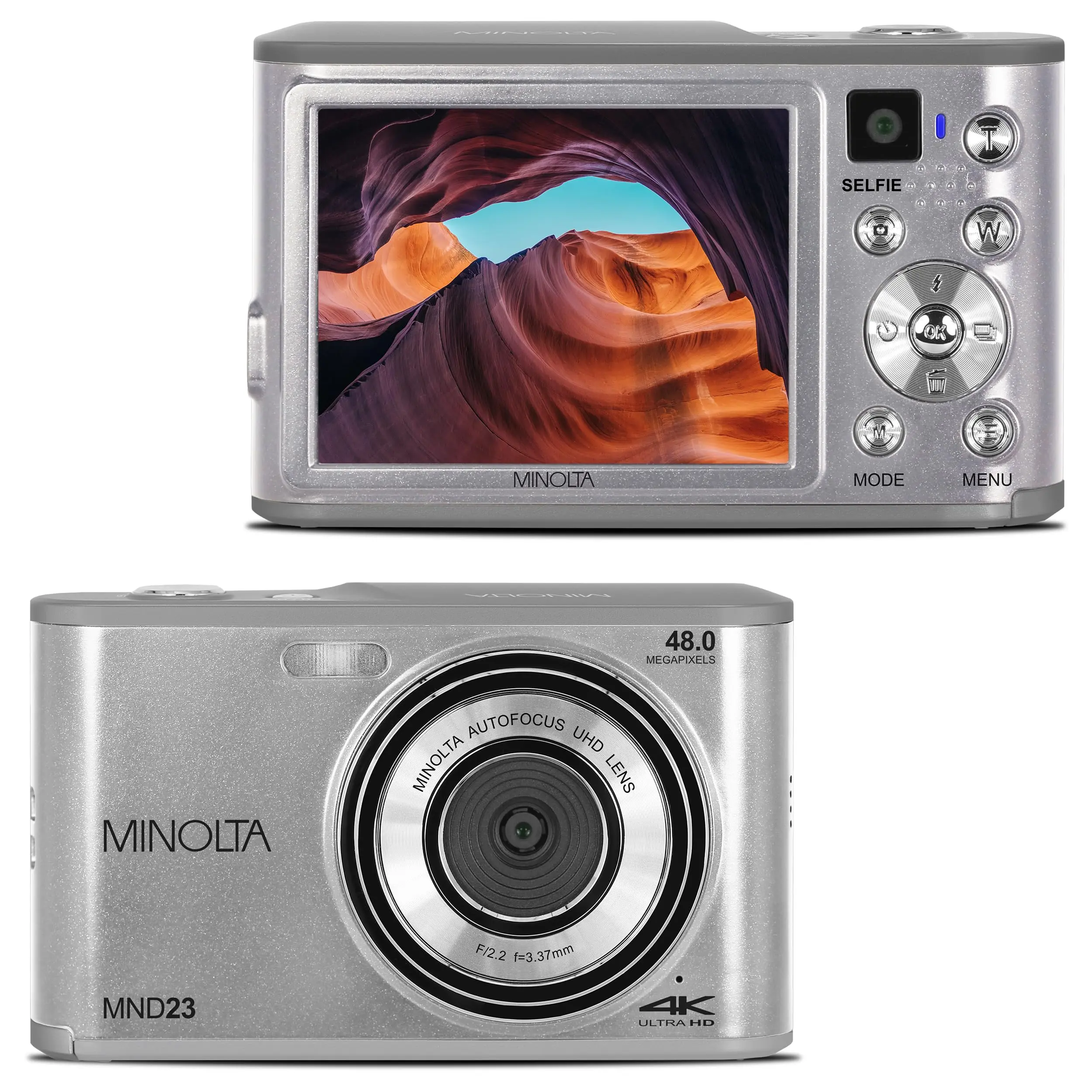 Minolta 48MP Digital Camera with Rear Selfie Lens – 4K Ultra HD Video, 2.8" LCD Screen, 16X Digital Zoom, Autofocus, Slow Motion, Time Lapse, Filters, Scene Modes, 32GB Card Included (Silver)