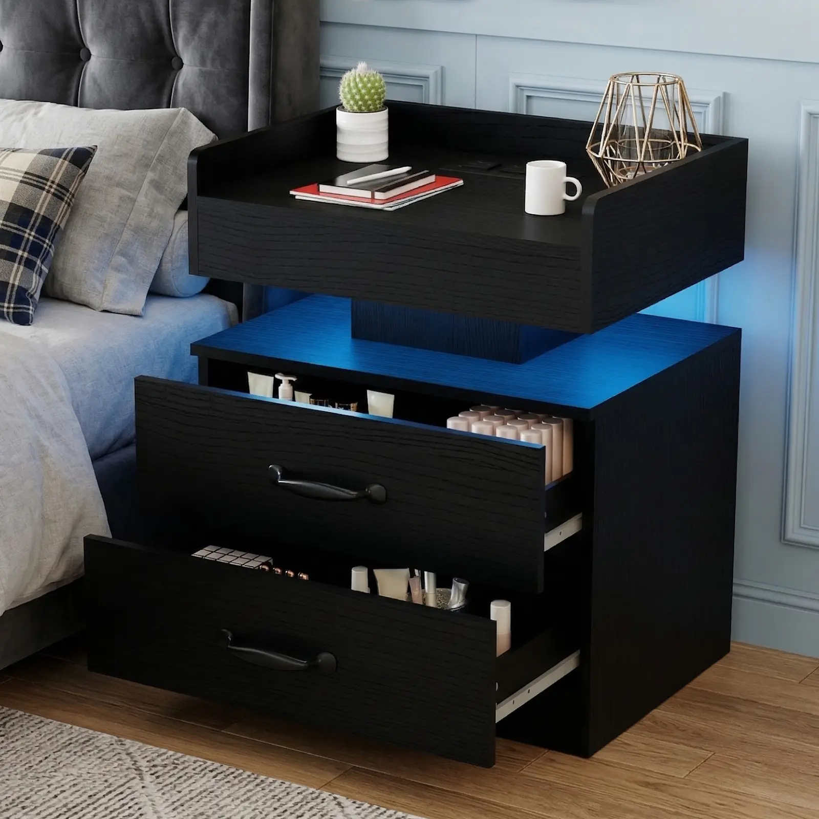 Black 2-Drawer LED Nightstand with Lights - High-Gloss Finish, Charging Station, Wireless Charge Hub, USB Ports, 16 Adjustable Light Colors, Open Shelf, Glide, Assembly Required - Modern Indoor Furniture for Bedrooms