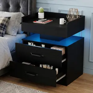 LED Nightstand with Charging Station and USB Ports,Modern Bedside Table featuring 16 Adjustable Light Colors, Black 2-Drawer Design with Open Shelf, High-Gloss Finish，Ideal for Bedrooms