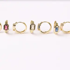 15mm 14K Gold Plated Rectangular Huggie Earrings with Color Zirconia