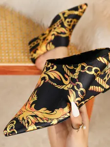 Women's Baroque Chain Print Pointed Toe High Heel Sandals, Satin Wedge Slippers, Vintage French Style Fashion Shoes, Elegant Heeled Sandals