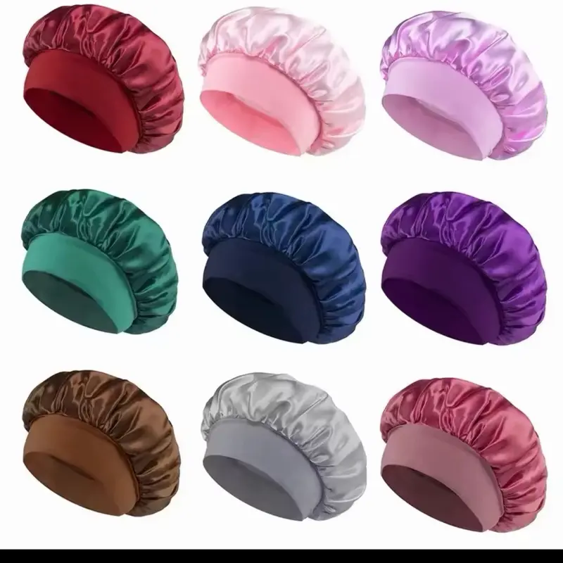 Women's Satin Night Sleeping Bonnet, Large Elastic Wide Soft Band, Colorful Silk Cap for Curly Hair Care
