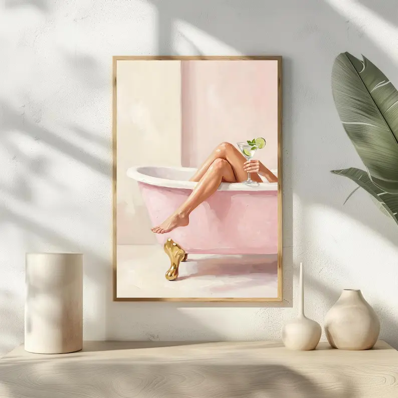 (unframed) Poster Preppy Bathroom Wall Art Pink Bathtub Martini Print Self Care Glam Cocktail Decor Fashion Illustration Girly Apartment Gift