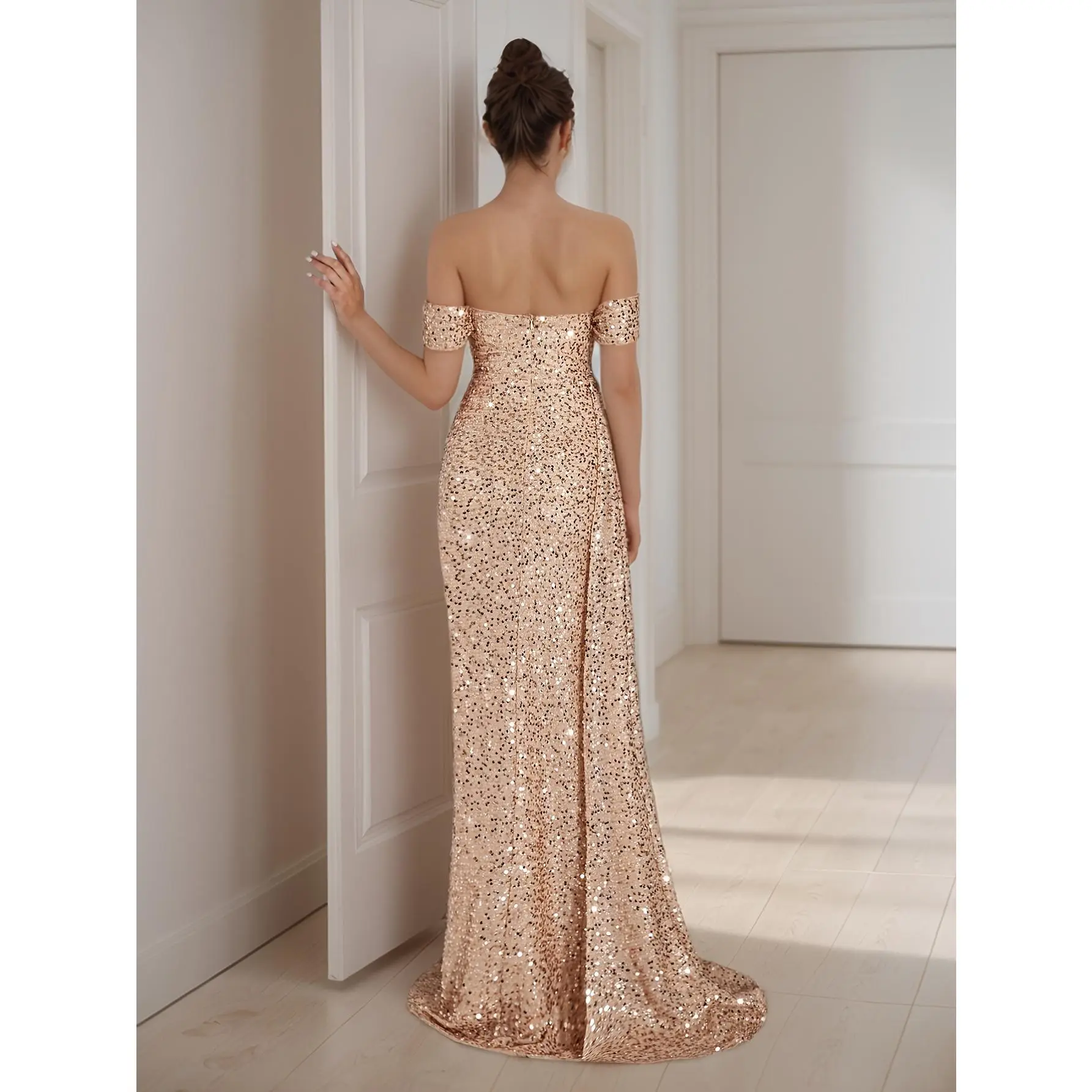 Women's Formal Sequin Off-Shoulder Sleeveless Backless Ruched Bodycon Mini Evening Dress with Thigh Split, Polyester Glitter Bodycon Dress for Lady, Party, Formal Wear,summervibes - TikTok Shop Women's Formal Sequin Off-Shoulder Sleeveless Backless Ruched Bodycon Mini Evening Dress with Thigh Split, Polyester Glitter Bodycon Dress for Lady, Party, Formal Wear,summervibes - TikTok Shop