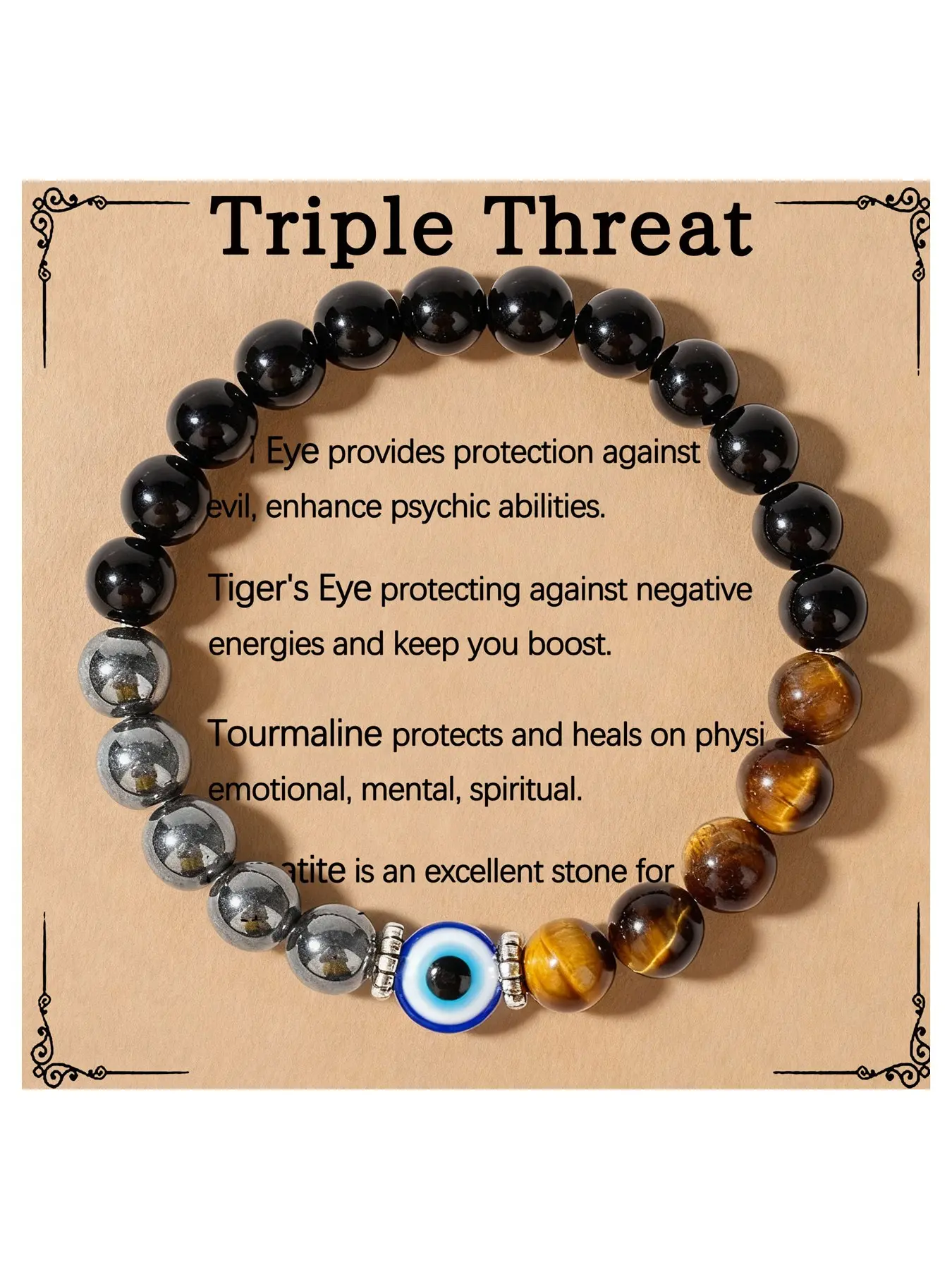 Round Bead Devil Eye Healing Crystal High Quality Bracelet, Triple Energy Protection, Includes Guardian Card, Unique Protective Wristband, Healing Crystal Jewelry, Crystal Bracelets