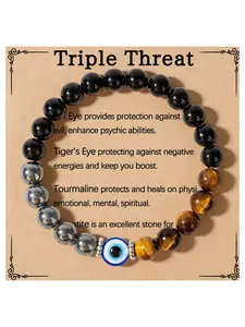 Round Bead Devil Eye Crystal Bracelet, Triple Energy Protection, Includes Guardian Card, Unique Protective Wristband