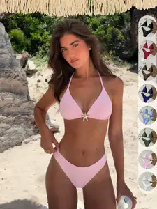 Women's Solid Color Metal Decor Spaghetti Strap Sexy Bikini Set, Summer, Swimwear Set